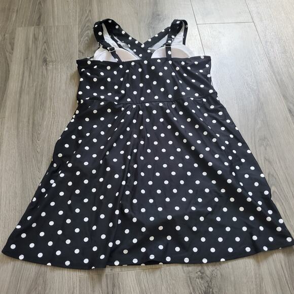 Lands End Baiting Suit One Piece Large Black Polka Dot Modest Skirted V Neck - Picture 2 of 8